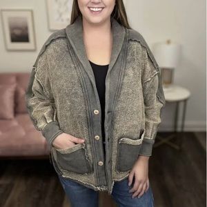 Zenana Green Oversized Boyfriend Shacket Shirt Jacket Cárdigan Sweater Boho